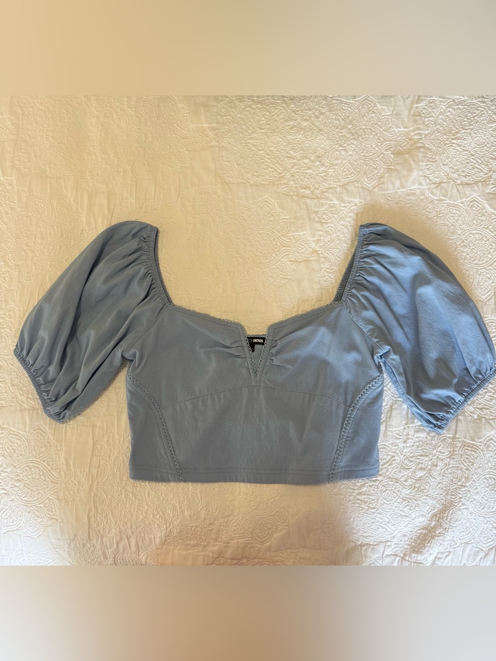 Puff-Sleeve Square Neck Crop Top in Dusty Blue
